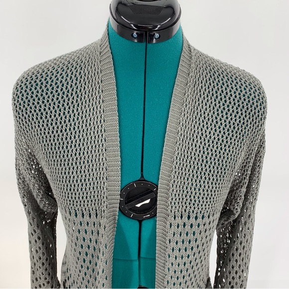 Minkas Taupe Mesh Knit Open Front Long Cardigan with Pockets, Small - Picture 2 of 16